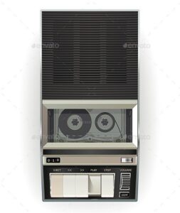 Frontansicht eines tragbaren Vintage-Kassettenrekorders mit eingelegter Kassette